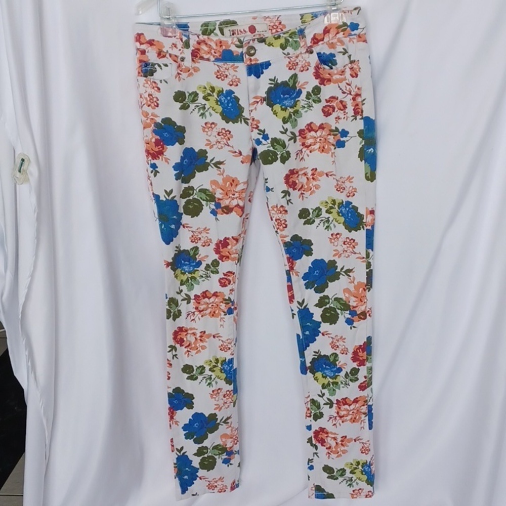 1st Kiss Skinny Floral Jeans, Sz 9/10, 16" Flat Waist, 8" Rise, 30" Inseam